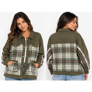 Umgee Shacket Women XL Olive Green Plaid‎ Mixed Media Button Front New Pockets